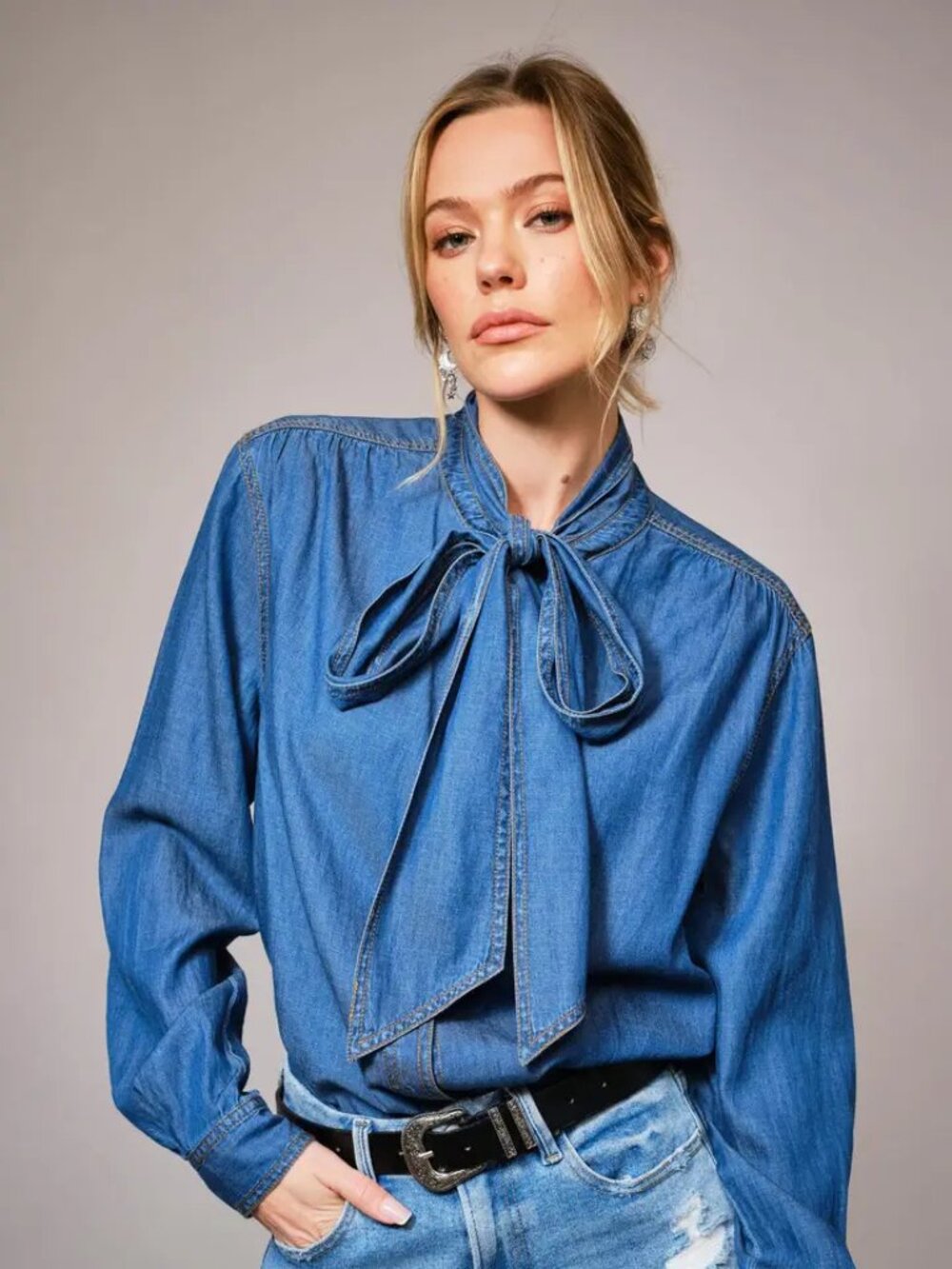 Tie Neck Hidden Button Chambray Blouse NEW
